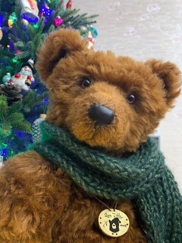 Close portrait of Ginger in a forest-green scarf