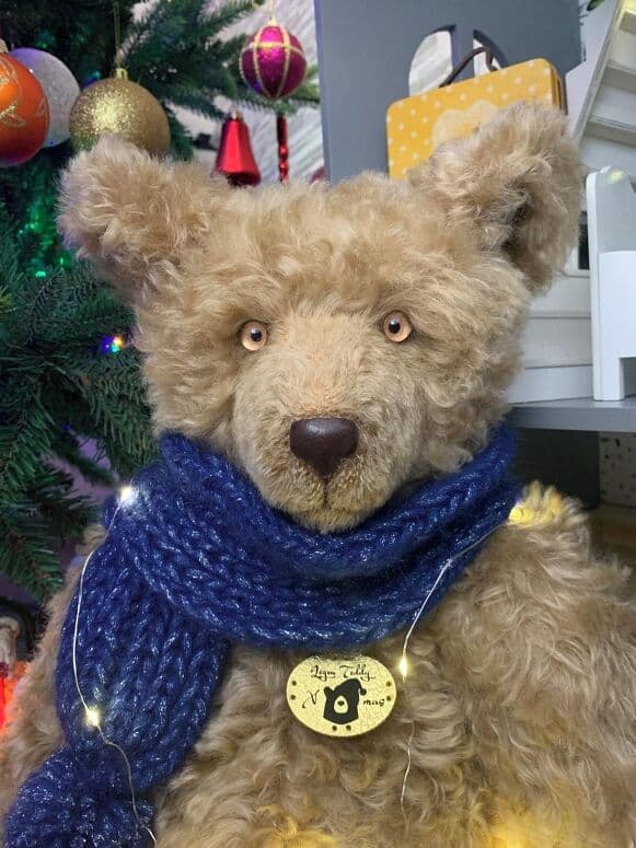 Close portrait of Noel with amber eyes and a blue scarf