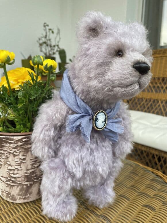 Lilac Dreamer, a lilac mohair artist bear, standing full length