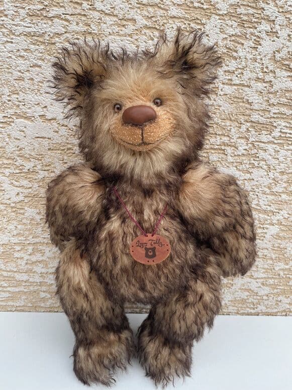 Mr. Bramble, a wild brindled mohair artist bear, standing full length