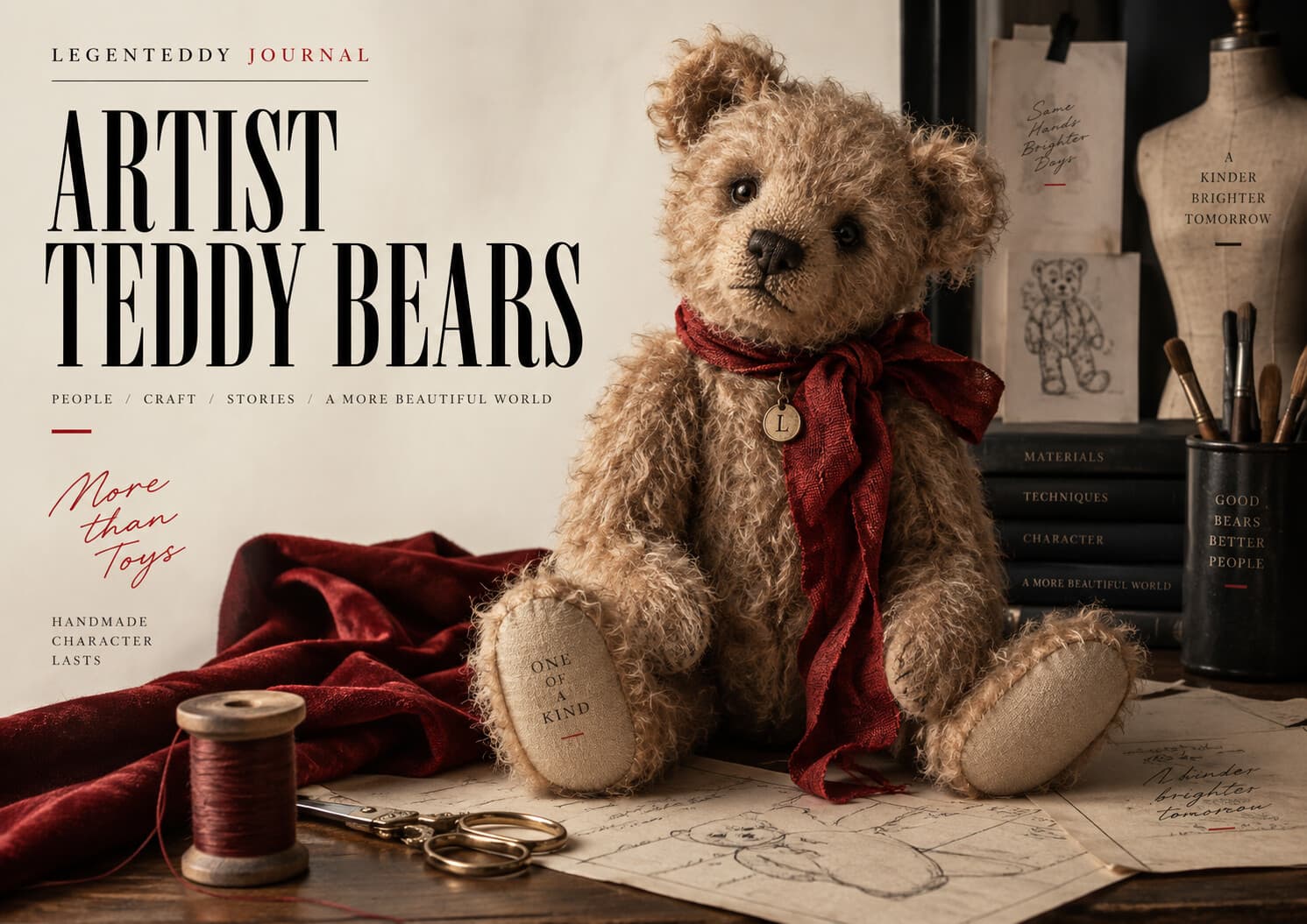 Artist teddy bear beside fabric, scissors, sketches and studio materials
