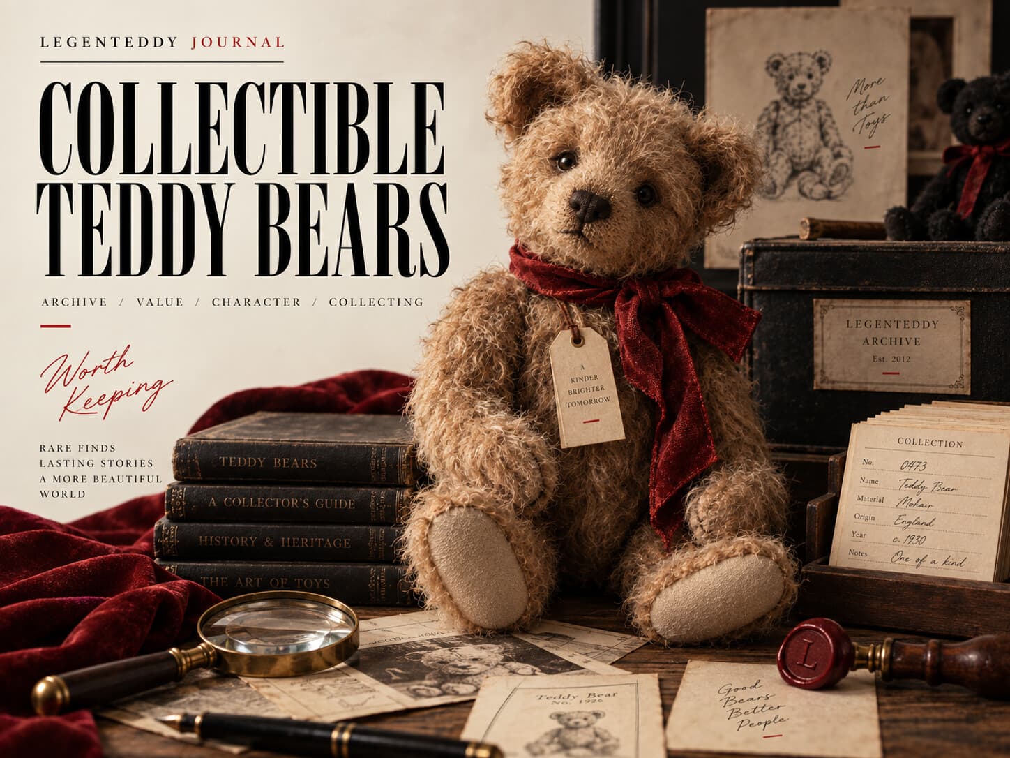 Collectible teddy bear among archive cards, books and a magnifying glass