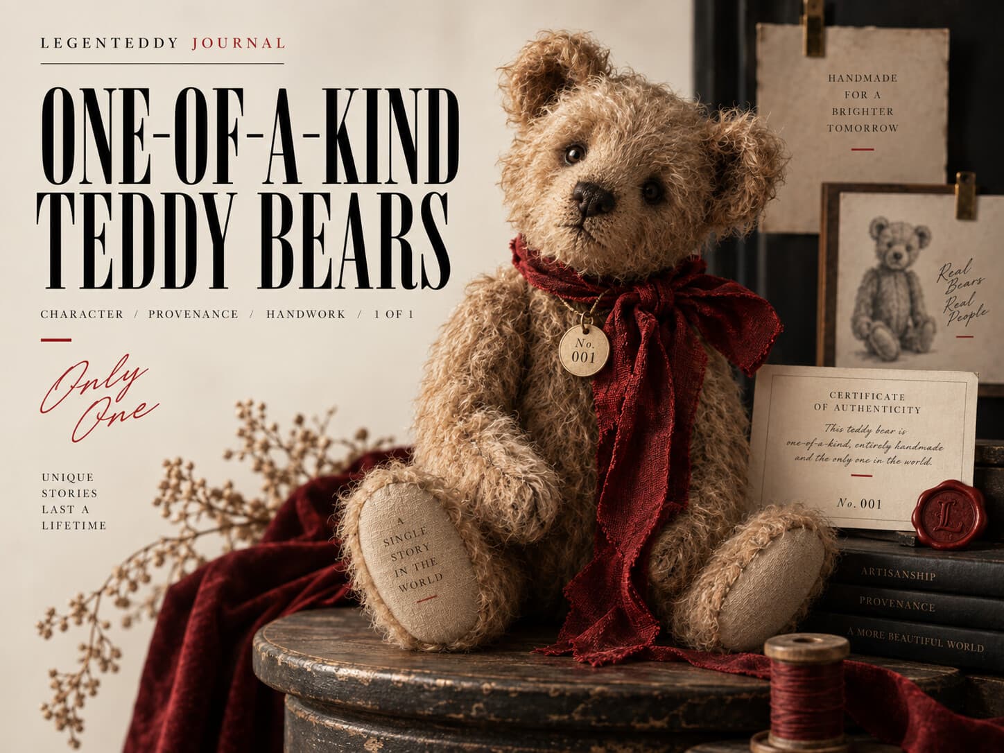 One-of-a-kind teddy bear with work tag and certificate of authenticity
