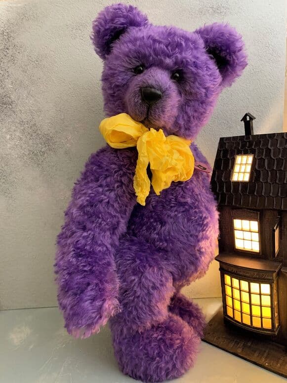 Eyvind, a violet mohair artist bear, standing full length