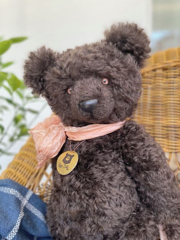 Portrait of Brooklyn, a smoky-grey kid-mohair artist bear